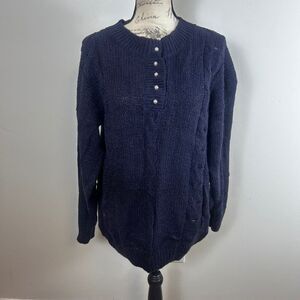 Carolina Bay Plus Sweater Womens 1X Navy Blue Cable Knit Pearl Button Henley